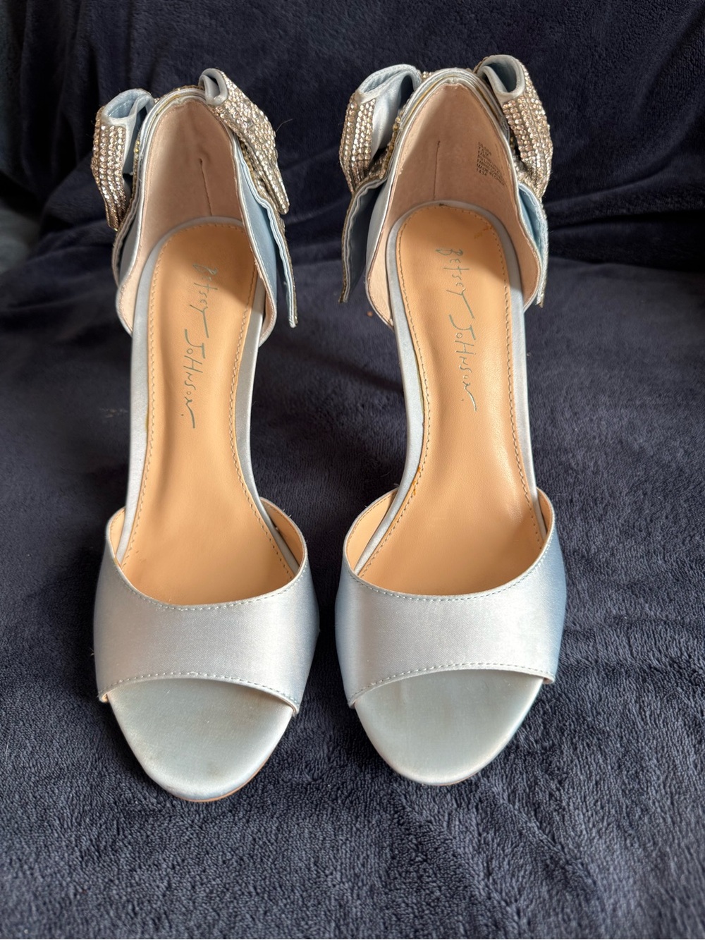 Light Blue Satin Open-Toe Heels with Crystal Bow Back - by Betsy Johnson